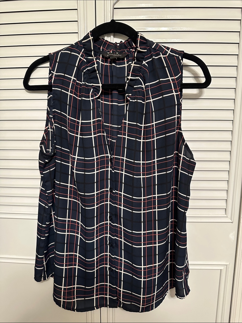 Banana Republic Factory Navy Plaid Sleeveless Tie-Neck Top